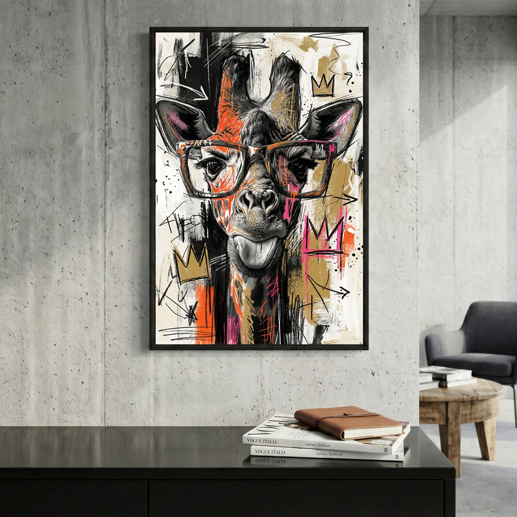 Giraffe hipster glasses pop art colourful playful wall art