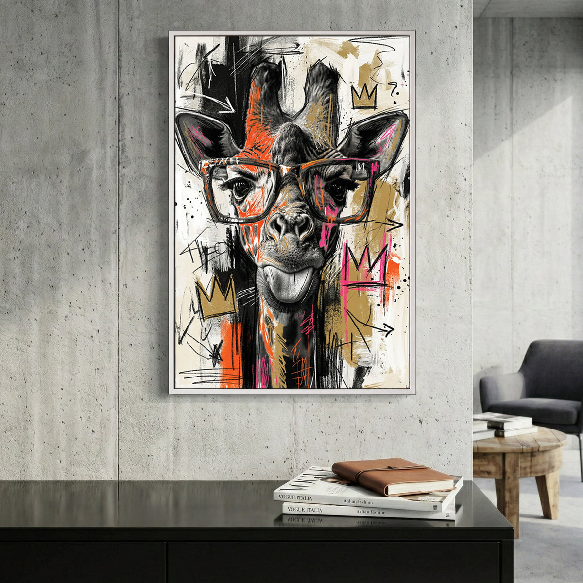 Giraffe hipster glasses pop art colourful playful wall art