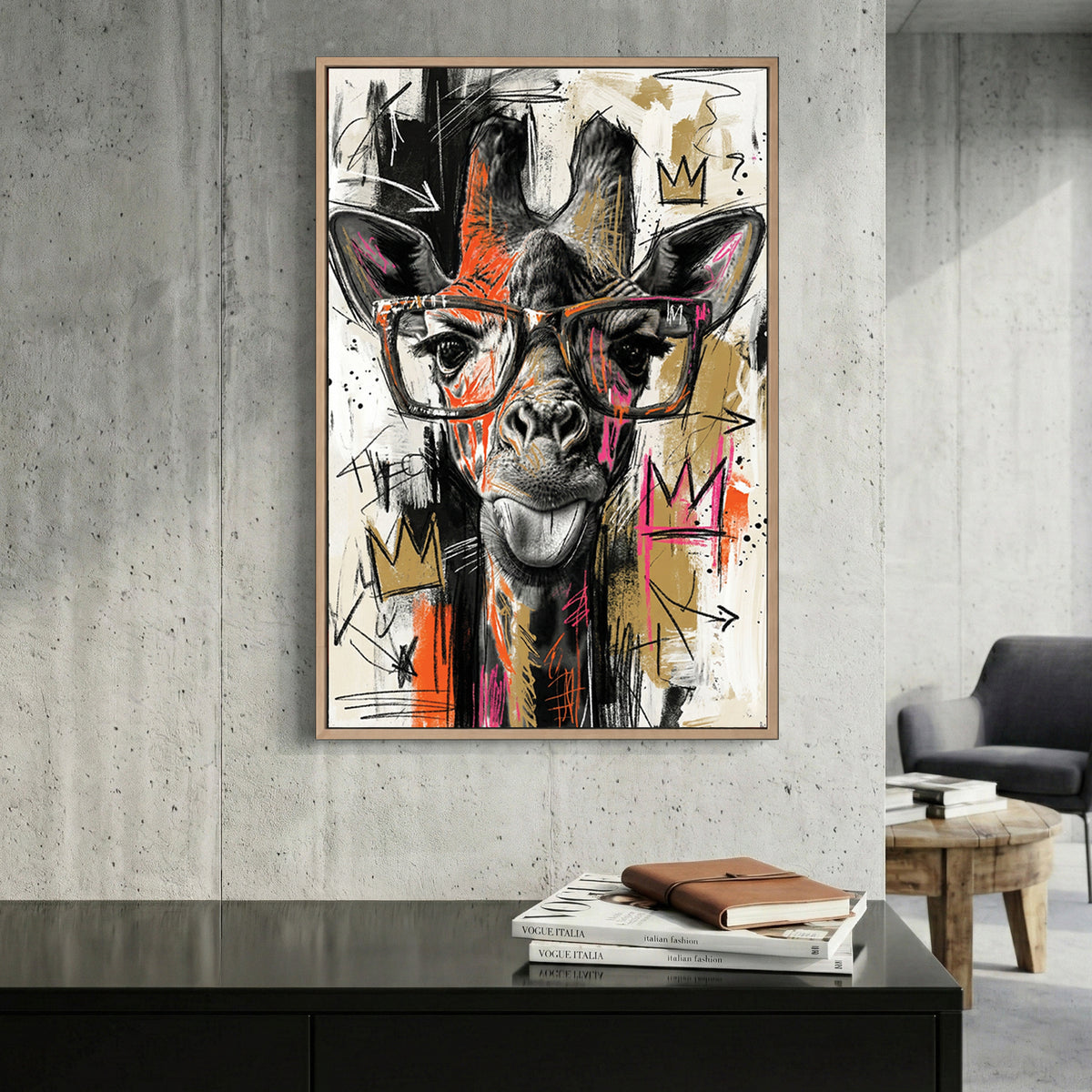 Giraffe hipster glasses pop art colourful playful wall art
