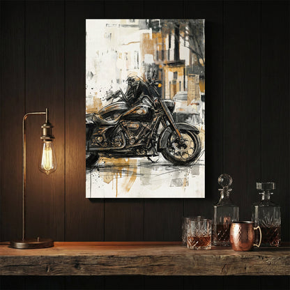 Harley Davidson motorcycle sketch gold cream urban wall art