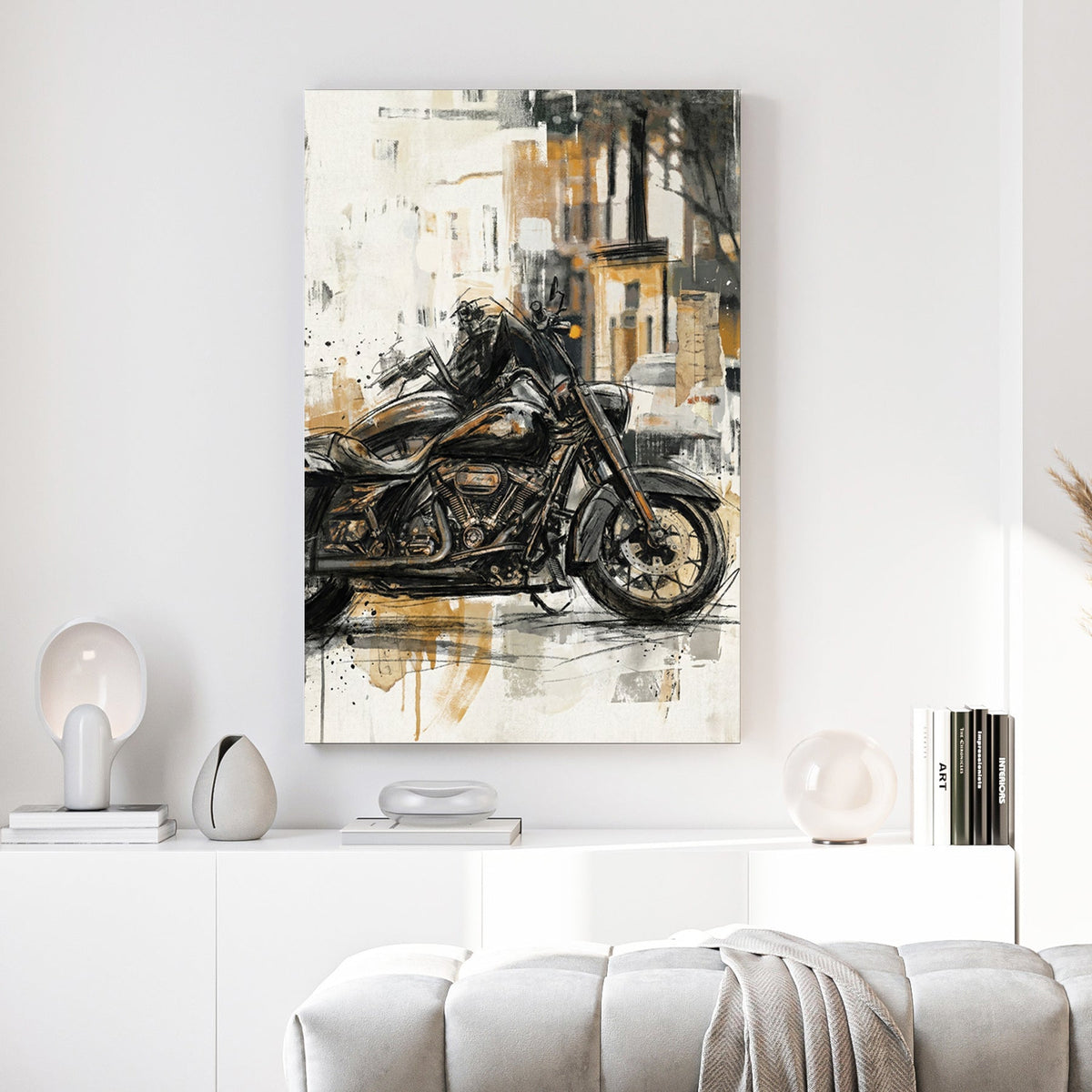 Harley Davidson motorcycle sketch gold cream urban wall art