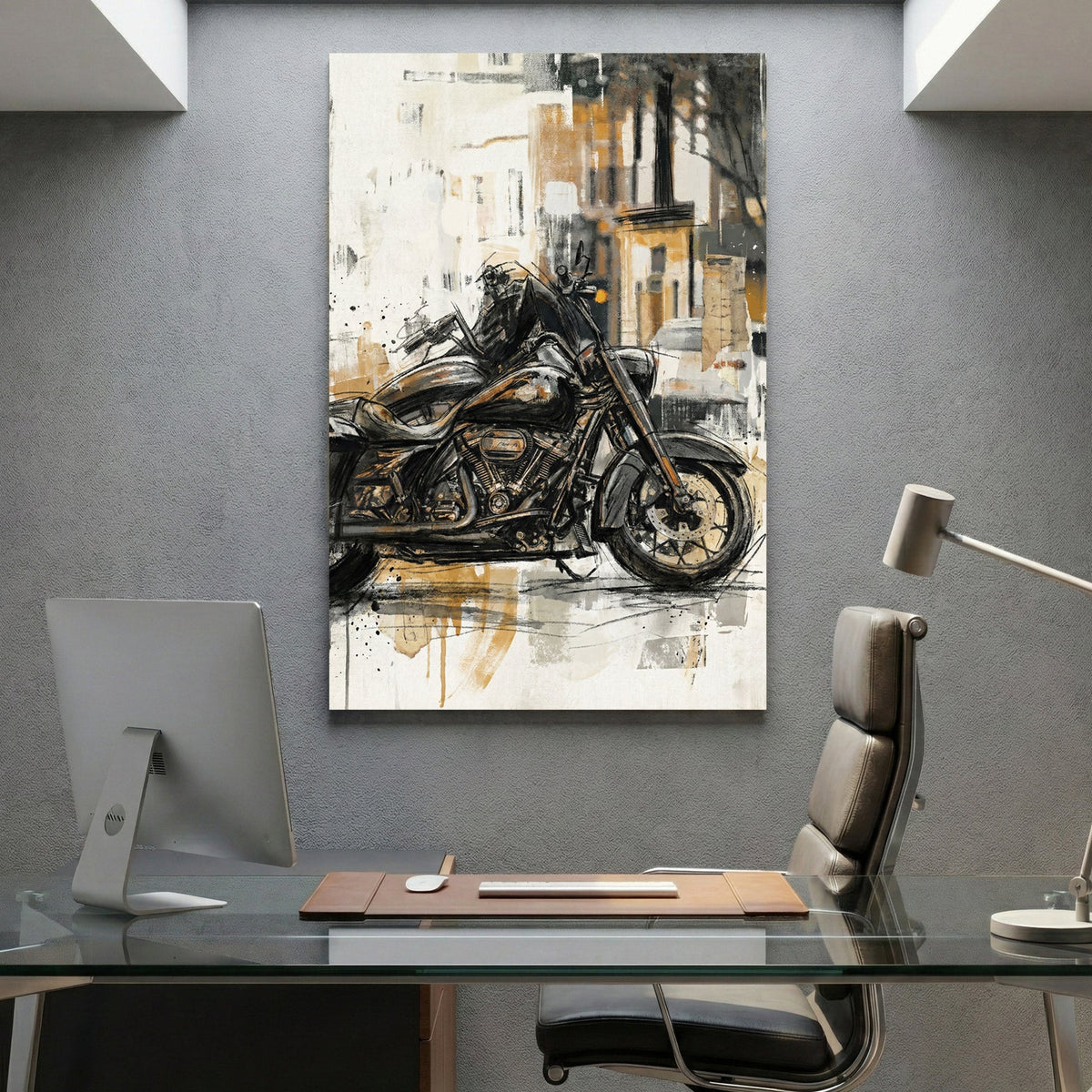 Harley Davidson motorcycle sketch gold cream urban wall art