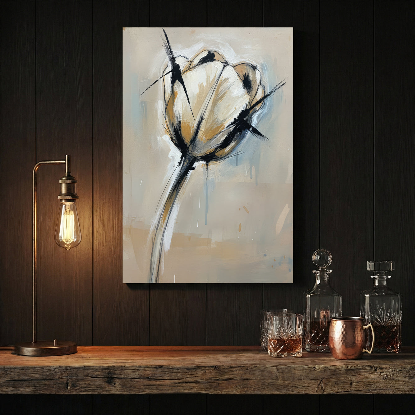 Minimalist tulip flower watercolour ink line work botanical wall art