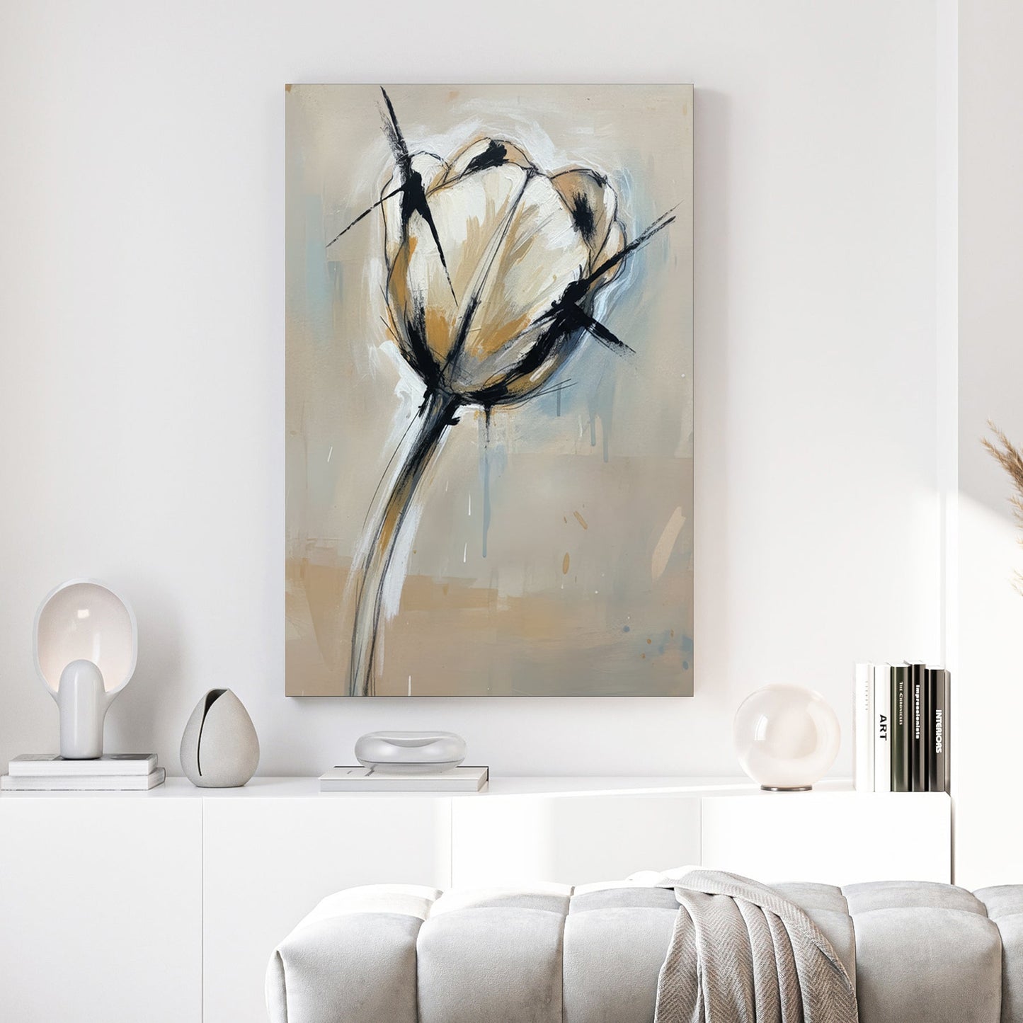 Minimalist tulip flower watercolour ink line work botanical wall art