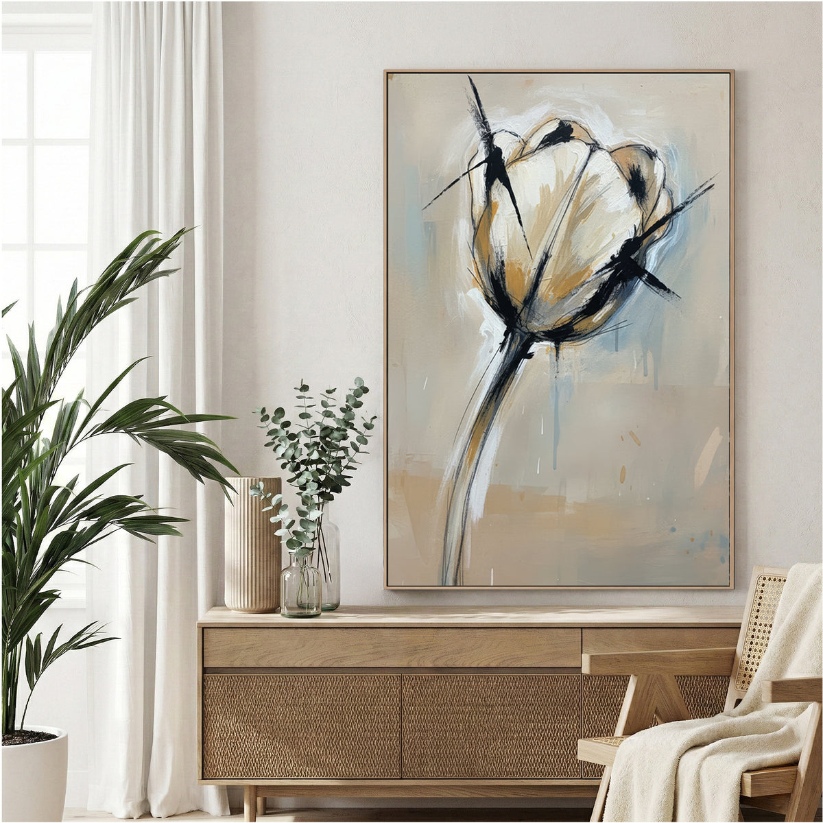 Minimalist tulip flower watercolour ink line work botanical wall art