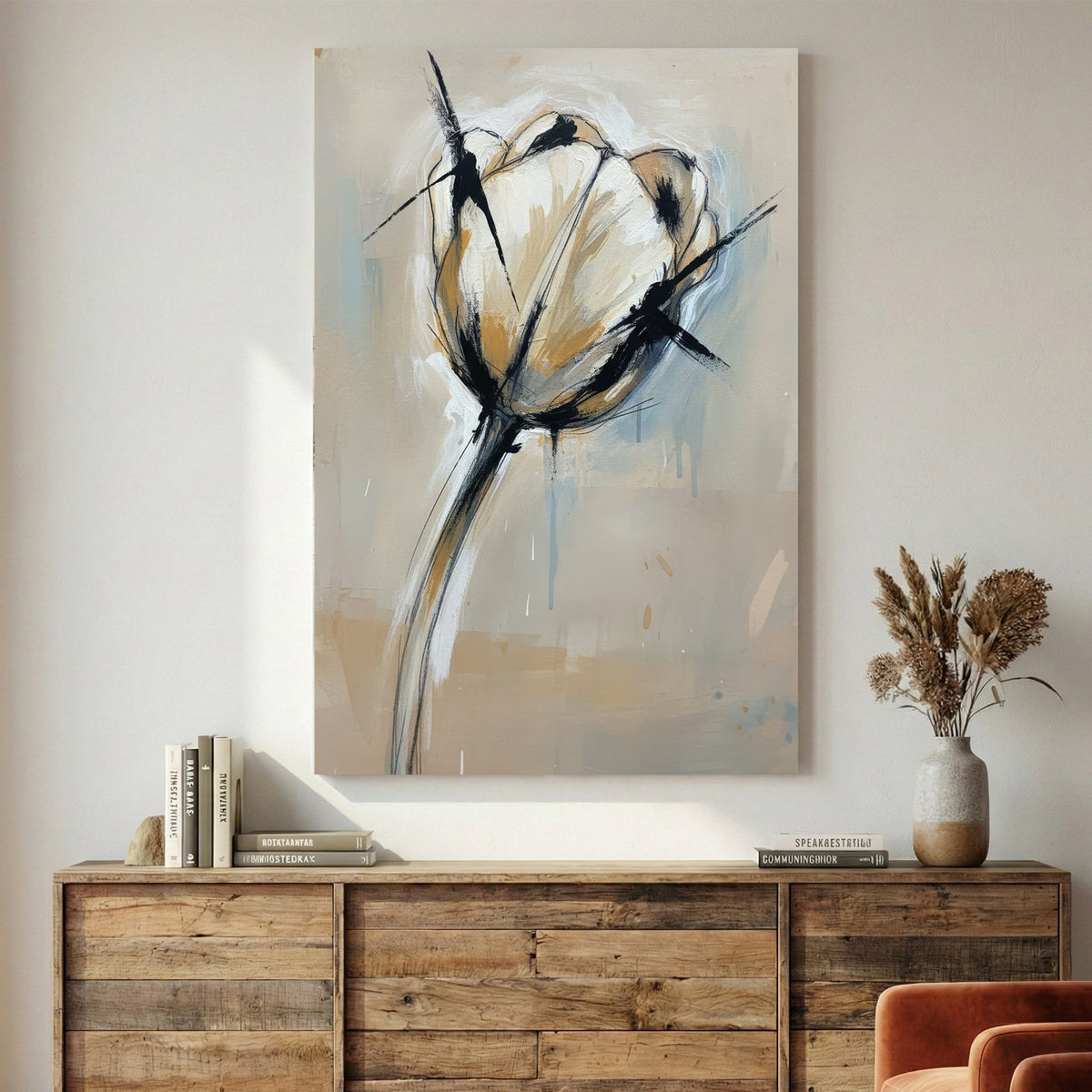 Minimalist tulip flower watercolour ink line work botanical wall art