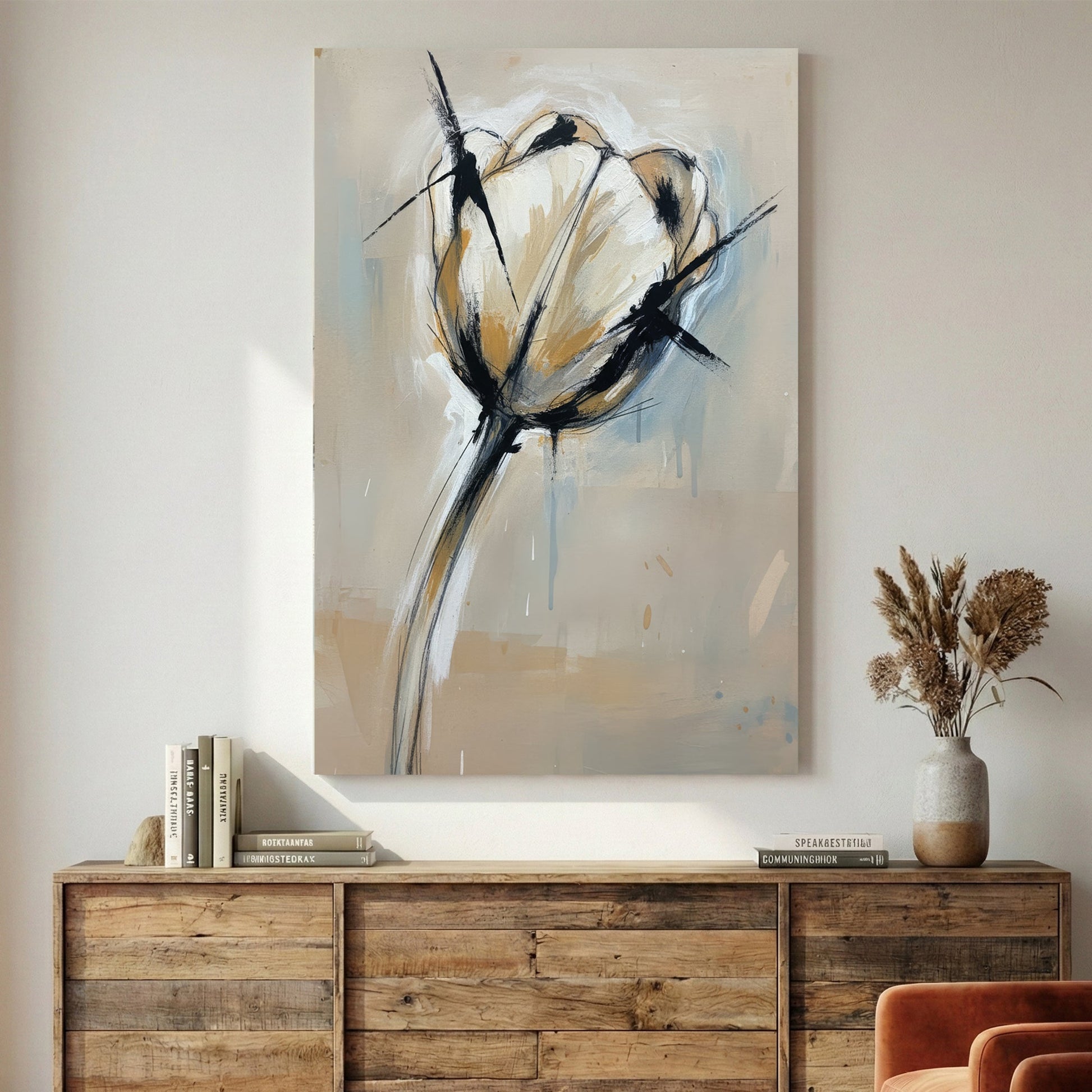 Minimalist tulip flower watercolour ink line work botanical wall art