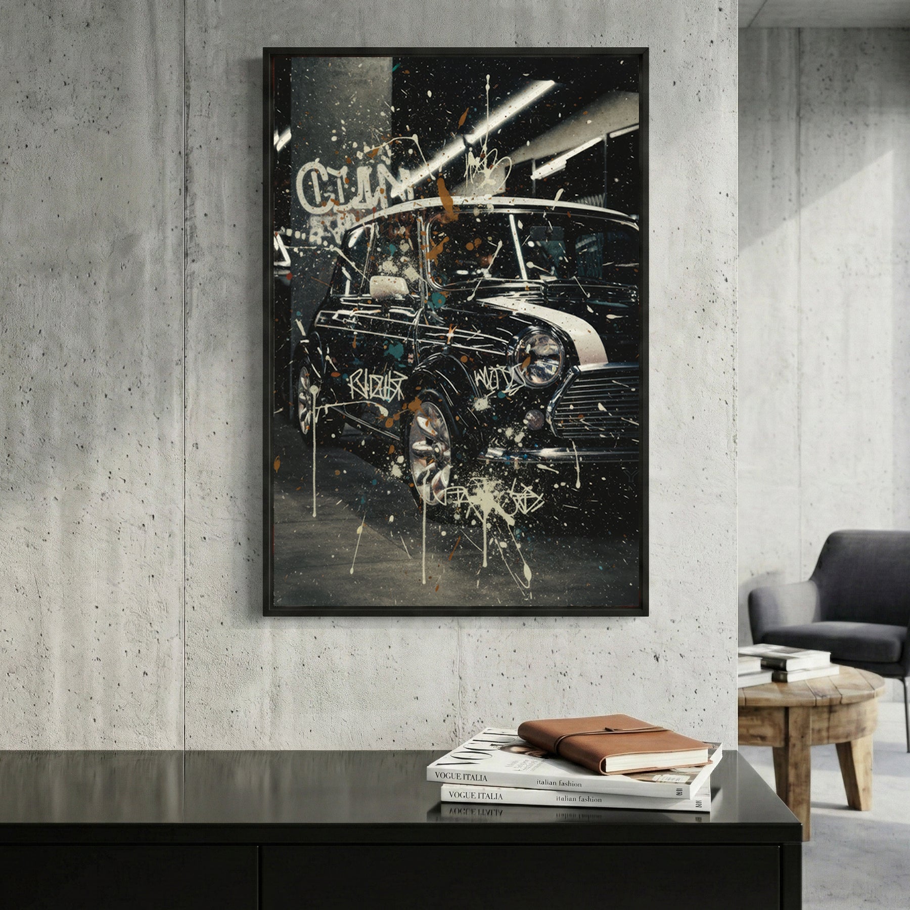 Vintage Mini Cooper retro urban graffiti wall art print