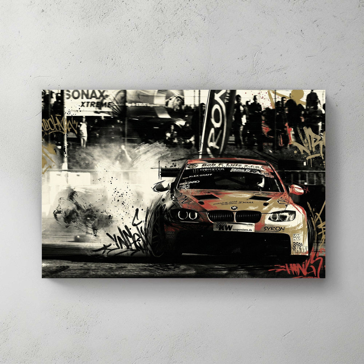 BMW racing car with red and black graffiti street art tags and urban textures