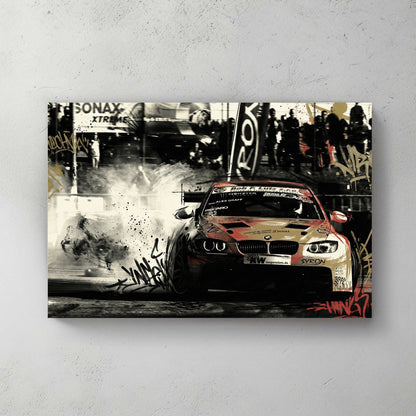 BMW racing car with red and black graffiti street art tags and urban textures