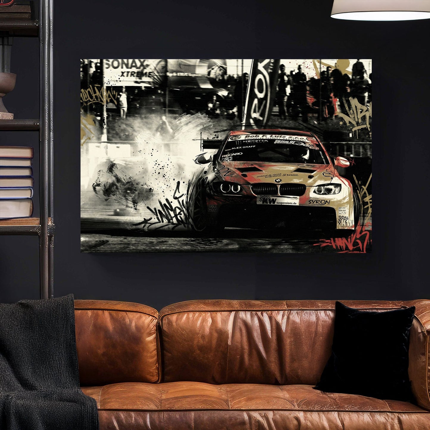 BMW racing car with red and black graffiti street art tags and urban textures