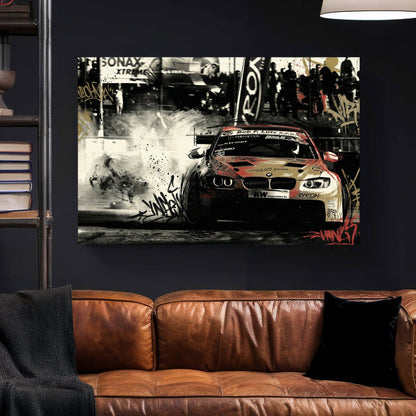 BMW racing car with red and black graffiti street art tags and urban textures