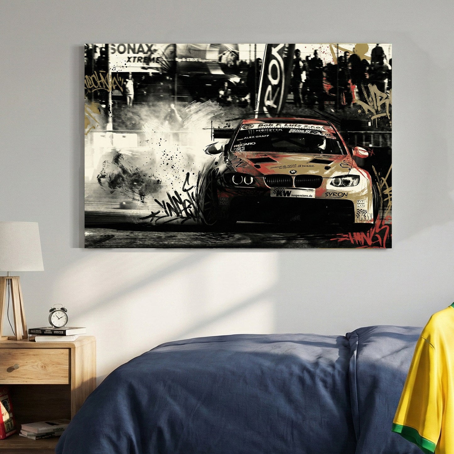 BMW racing car with red and black graffiti street art tags and urban textures