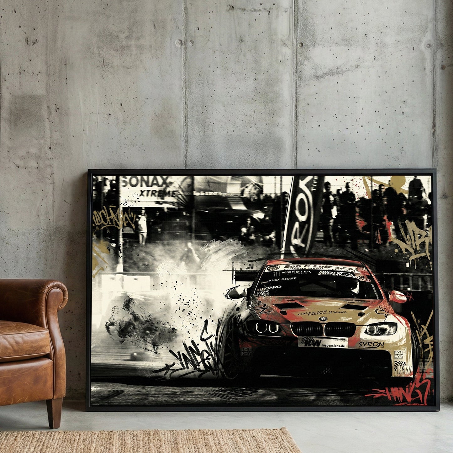 BMW racing car with red and black graffiti street art tags and urban textures