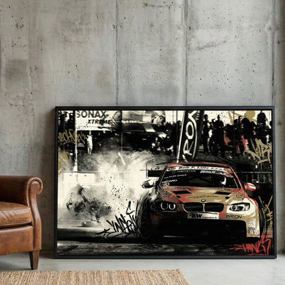 BMW racing car with red and black graffiti street art tags and urban textures