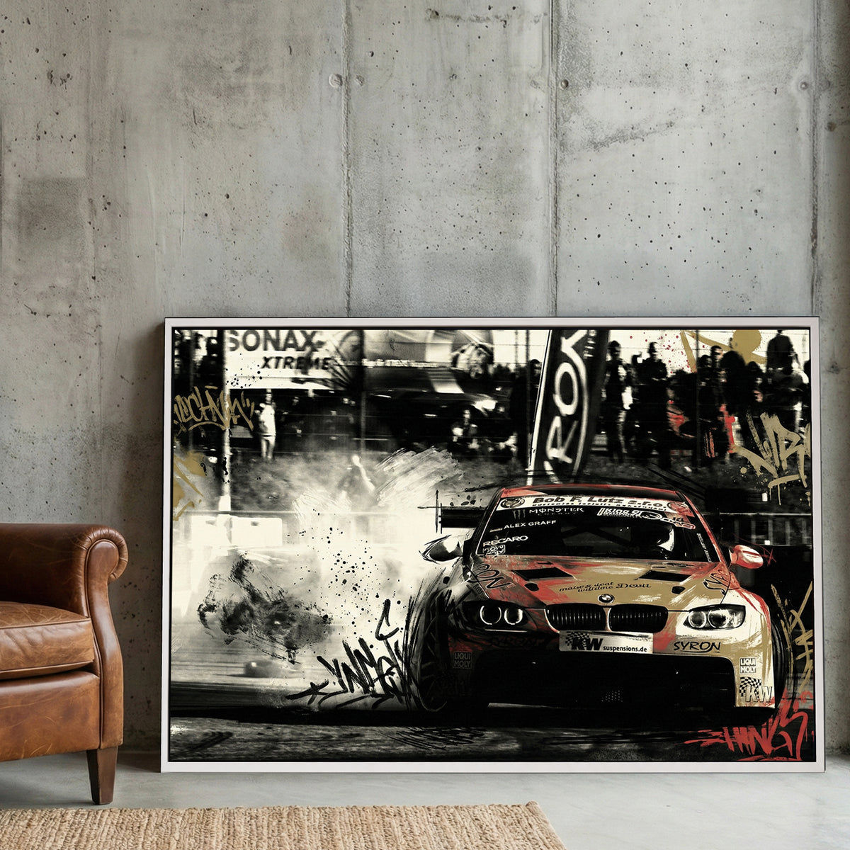 BMW racing car with red and black graffiti street art tags and urban textures