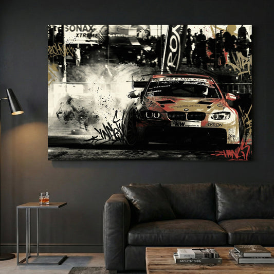 BMW racing car with red and black graffiti street art tags and urban textures