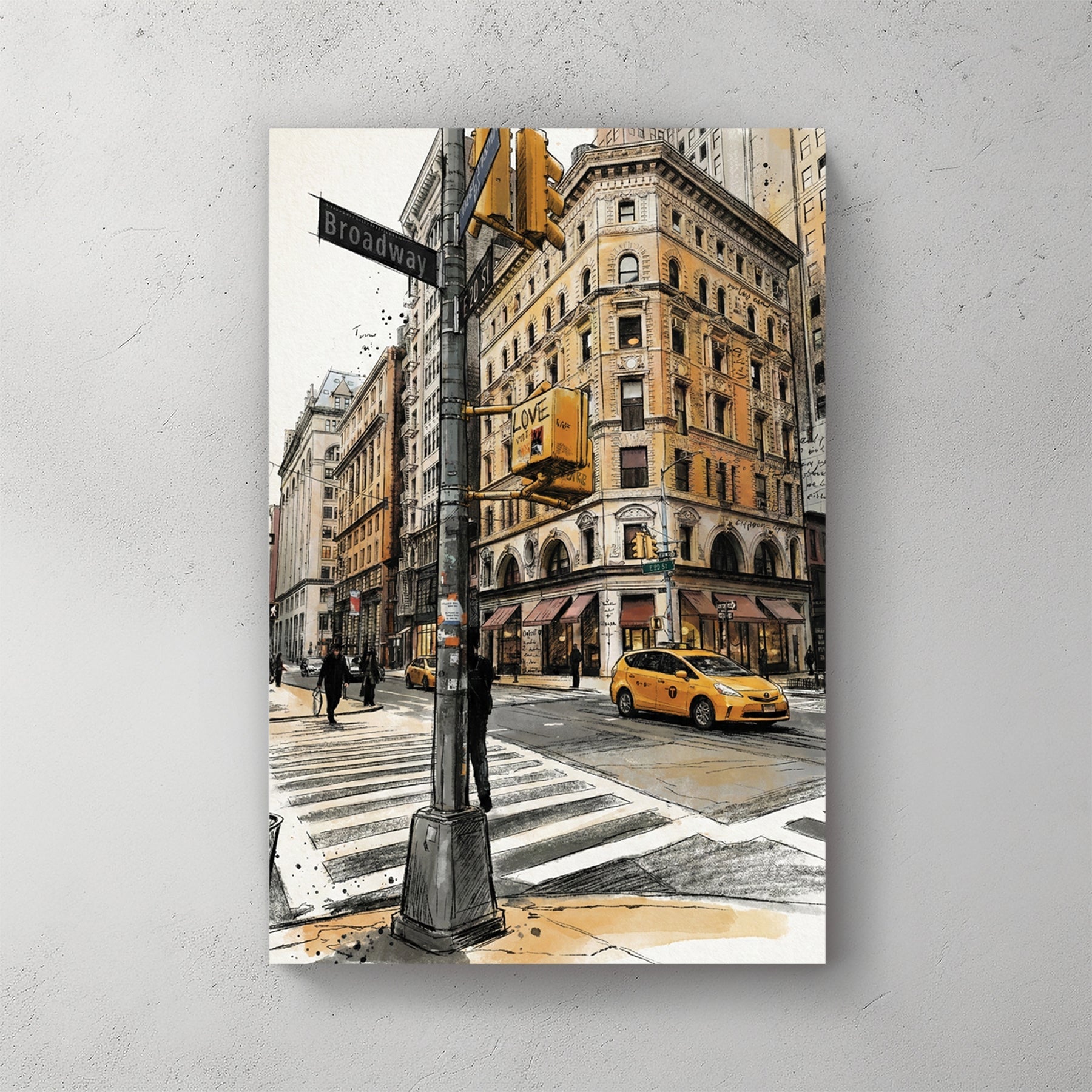 New York City street corner with yellow taxi and Broadway buildings in watercolour style