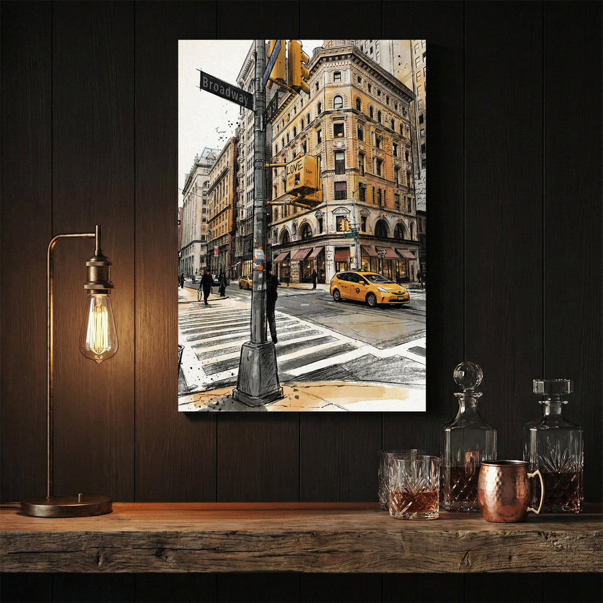New York City street corner with yellow taxi and Broadway buildings in watercolour style
