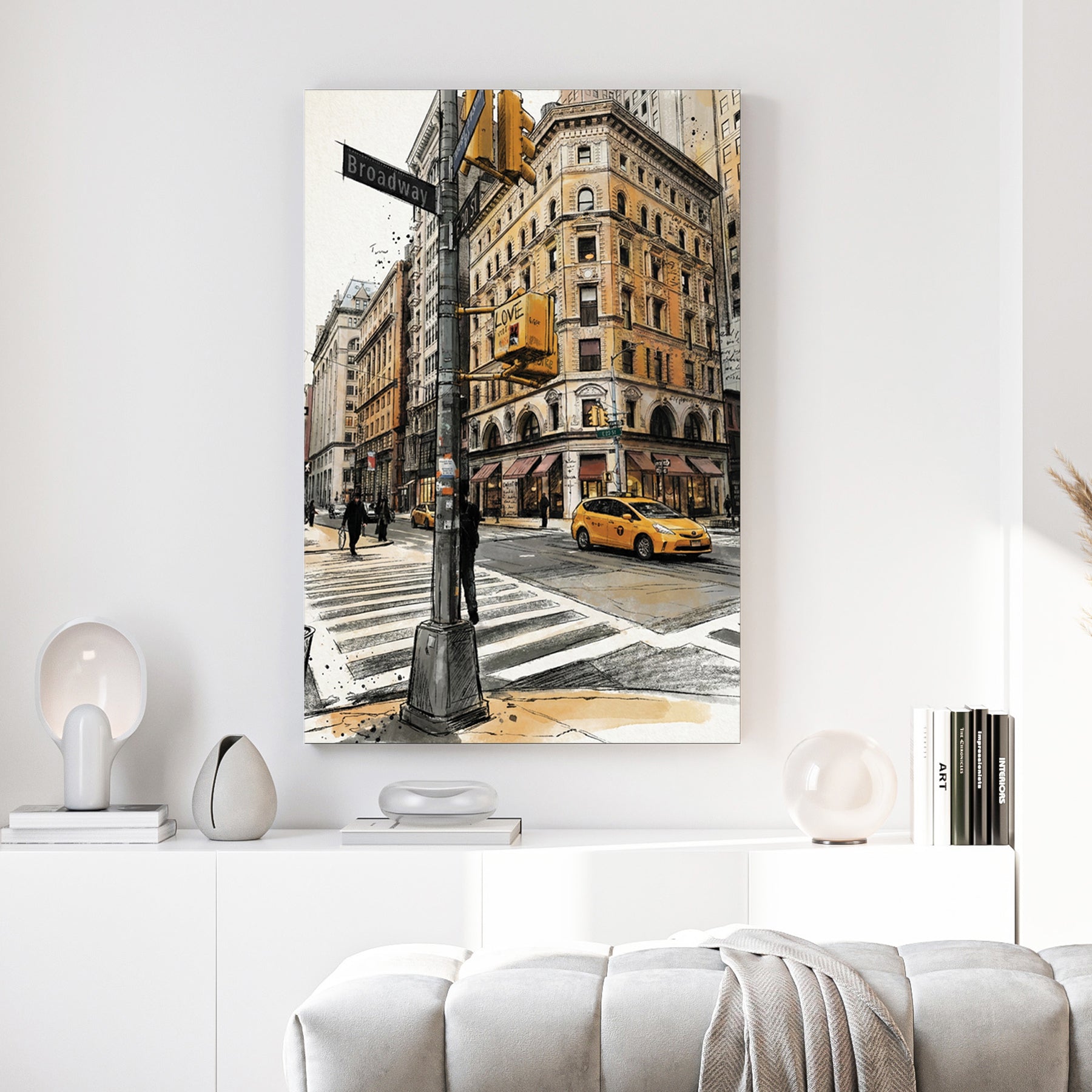 New York City street corner with yellow taxi and Broadway buildings in watercolour style