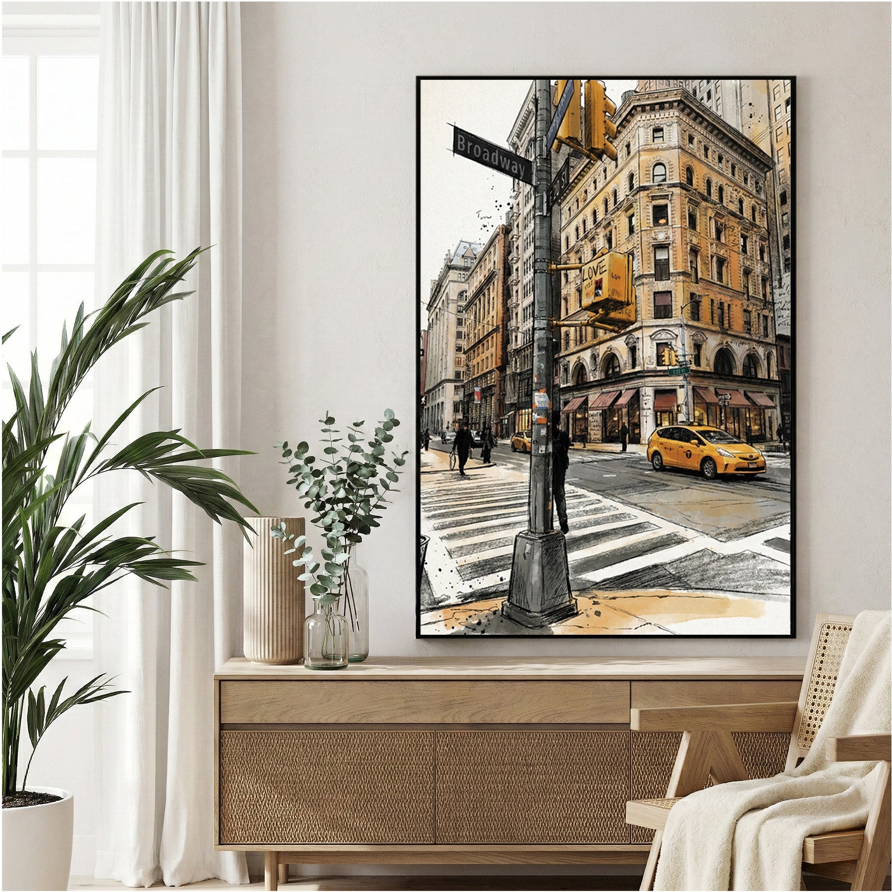 New York City street corner with yellow taxi and Broadway buildings in watercolour style