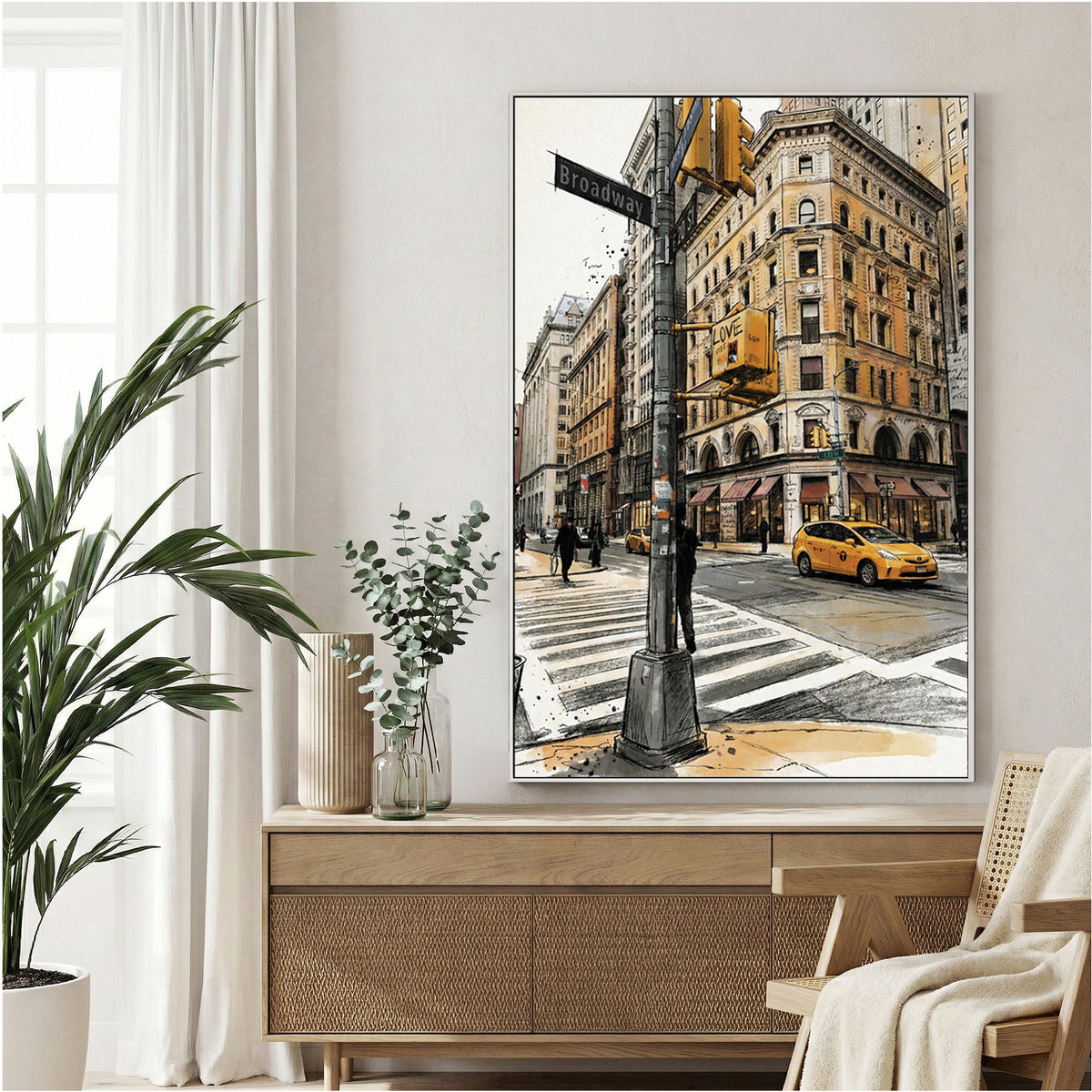 New York City street corner with yellow taxi and Broadway buildings in watercolour style