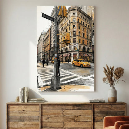 New York City street corner with yellow taxi and Broadway buildings in watercolour style