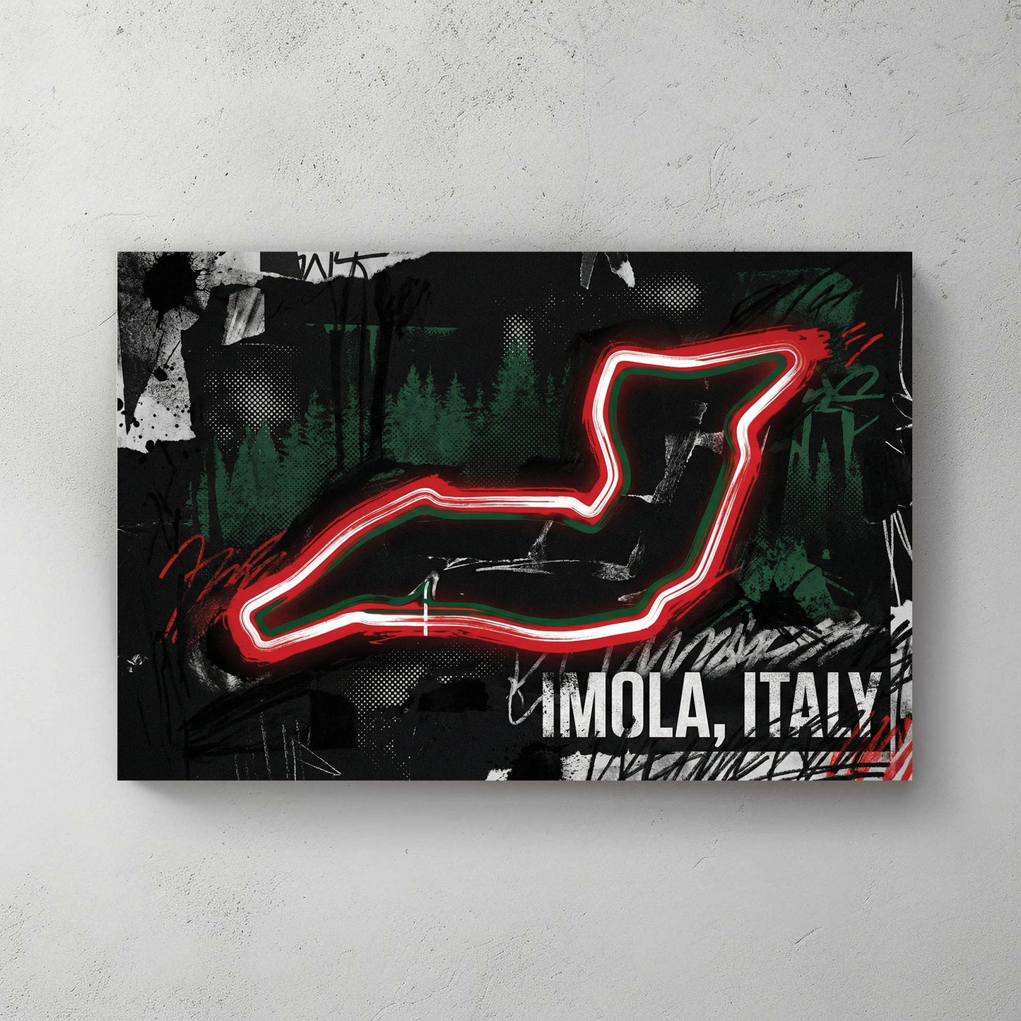 Imola racing circuit in neon red with graffiti street art and dark background