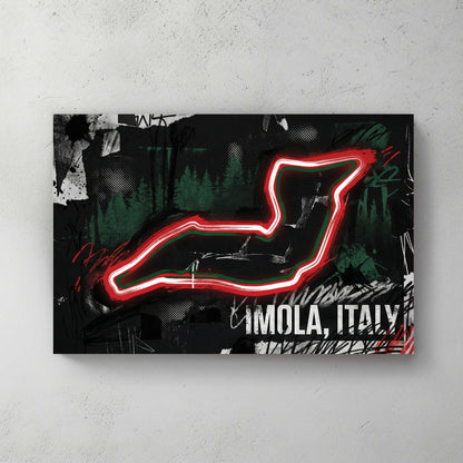Imola racing circuit in neon red with graffiti street art and dark background