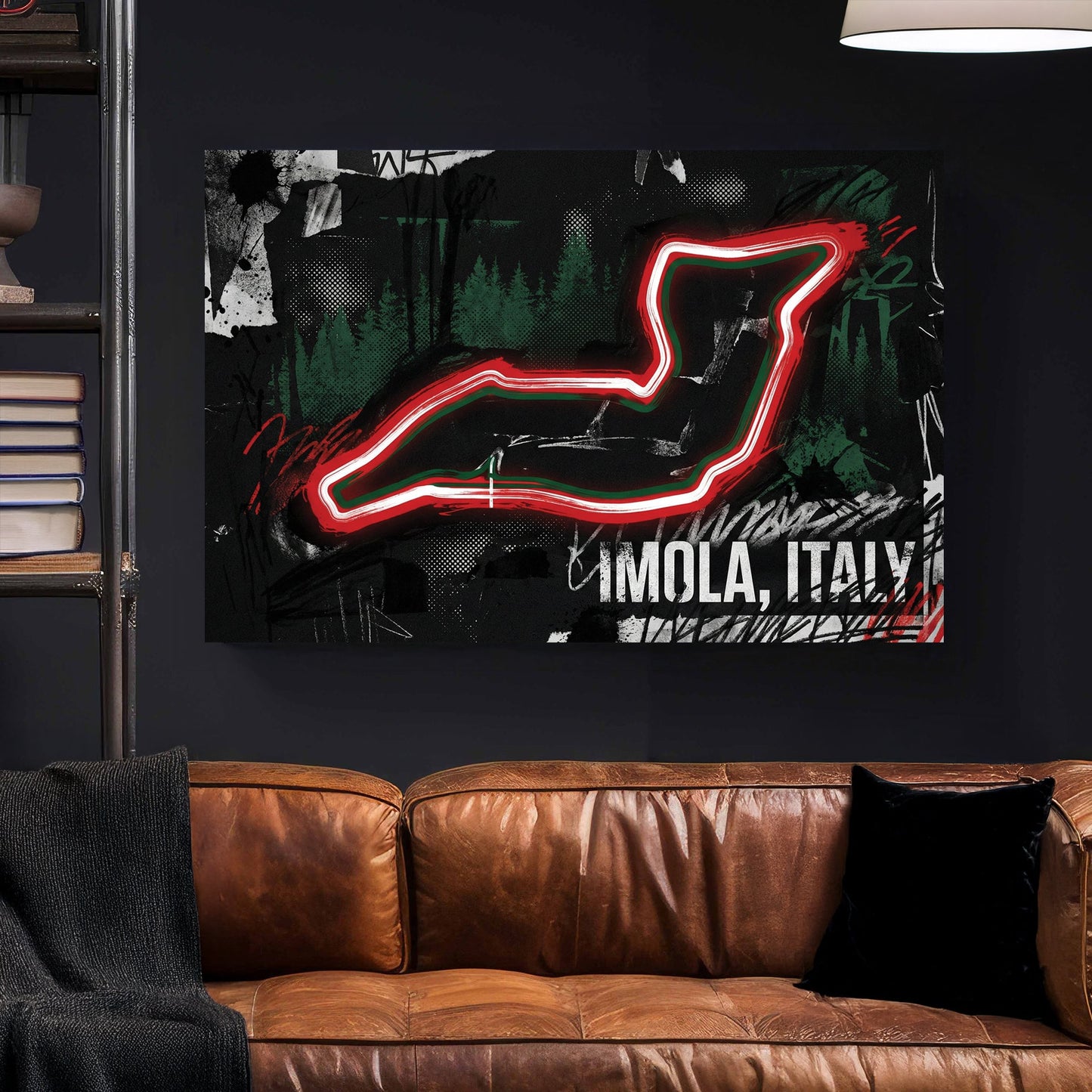 Imola racing circuit in neon red with graffiti street art and dark background