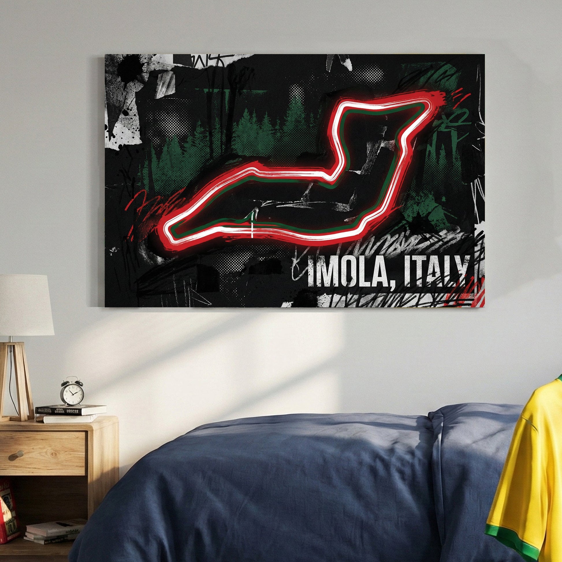 Imola racing circuit in neon red with graffiti street art and dark background