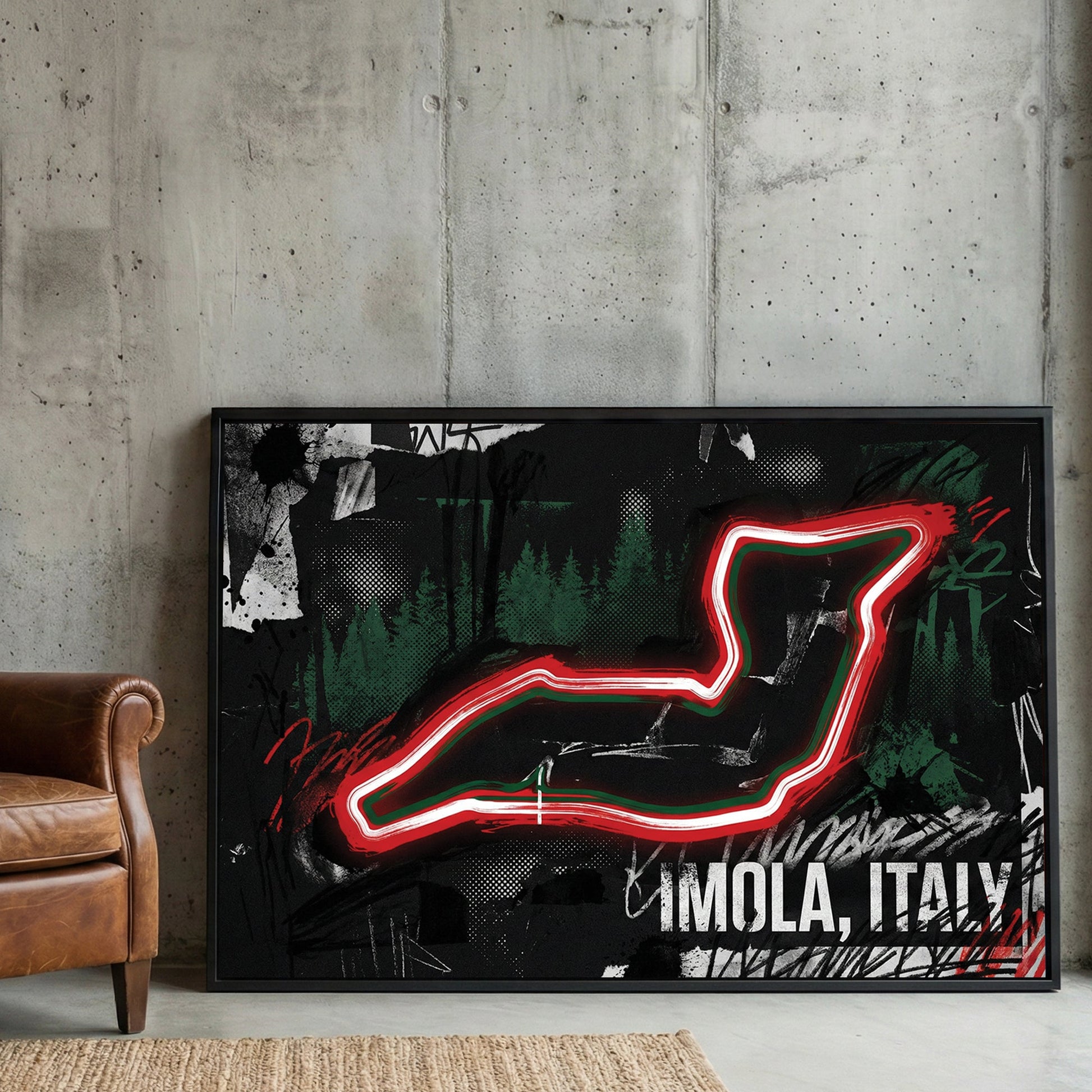 Imola racing circuit in neon red with graffiti street art and dark background