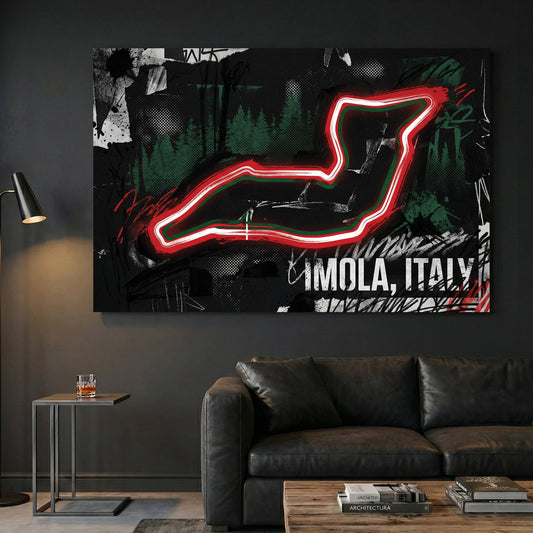 Imola racing circuit in neon red with graffiti street art and dark background