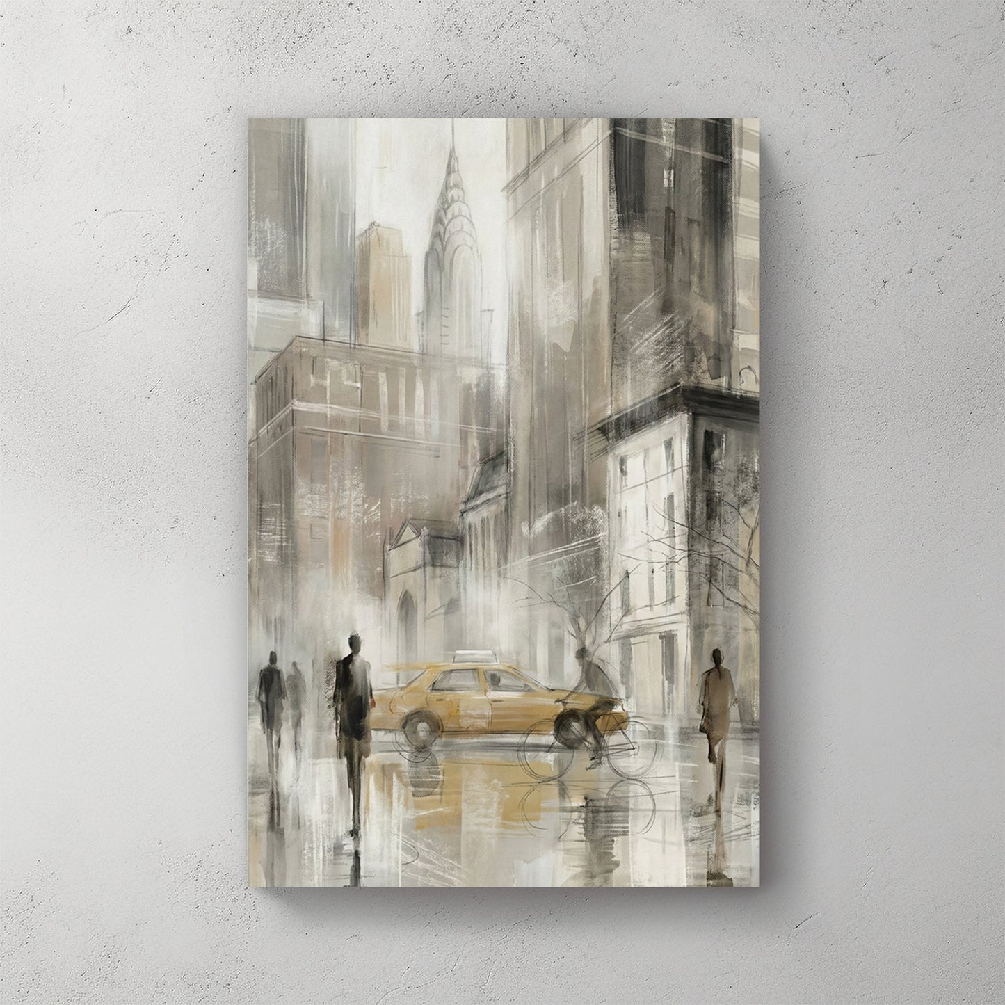New York City yellow taxi with Chrysler Building in watercolour sketch style