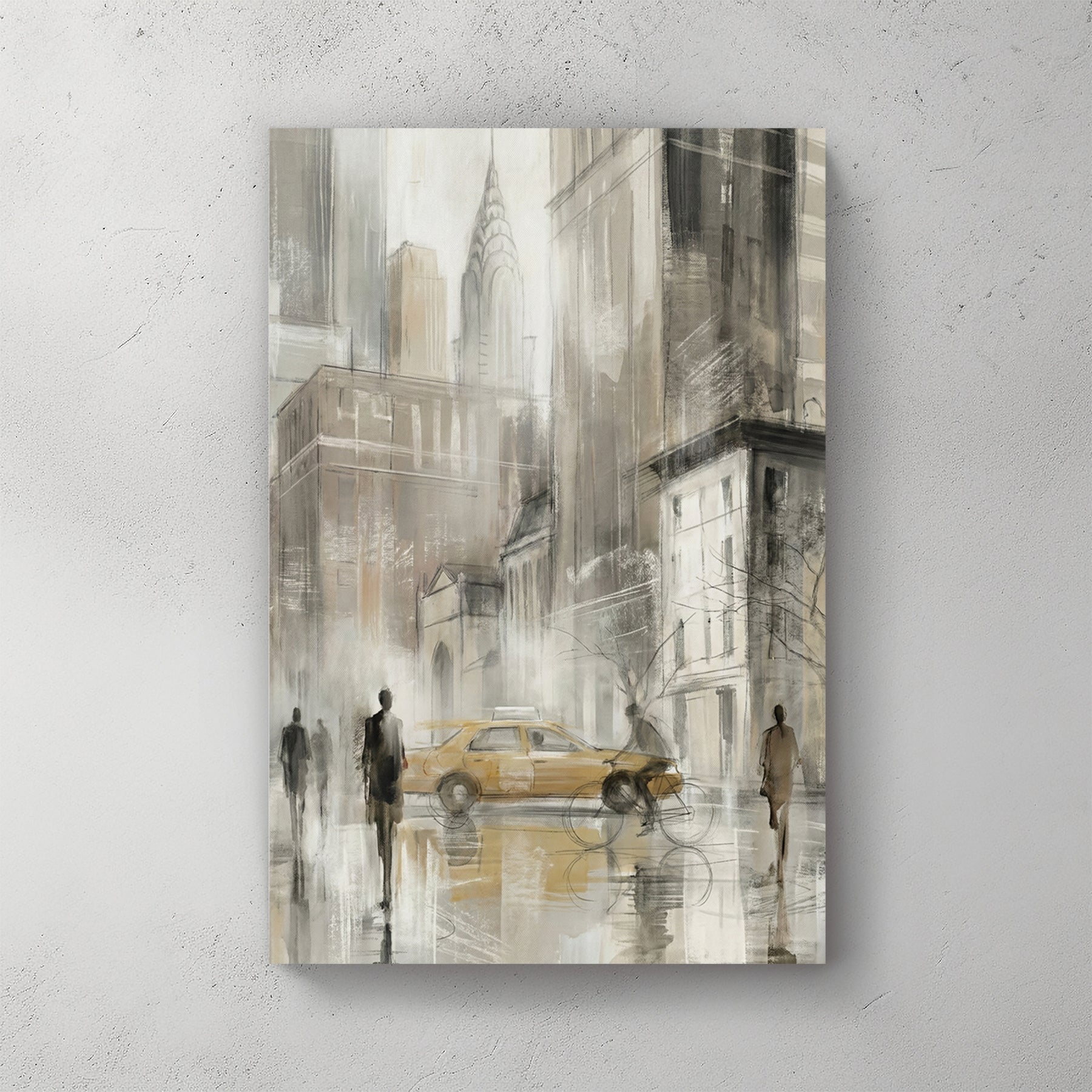 New York City yellow taxi with Chrysler Building in watercolour sketch style