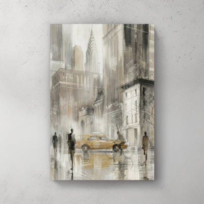 New York City yellow taxi with Chrysler Building in watercolour sketch style