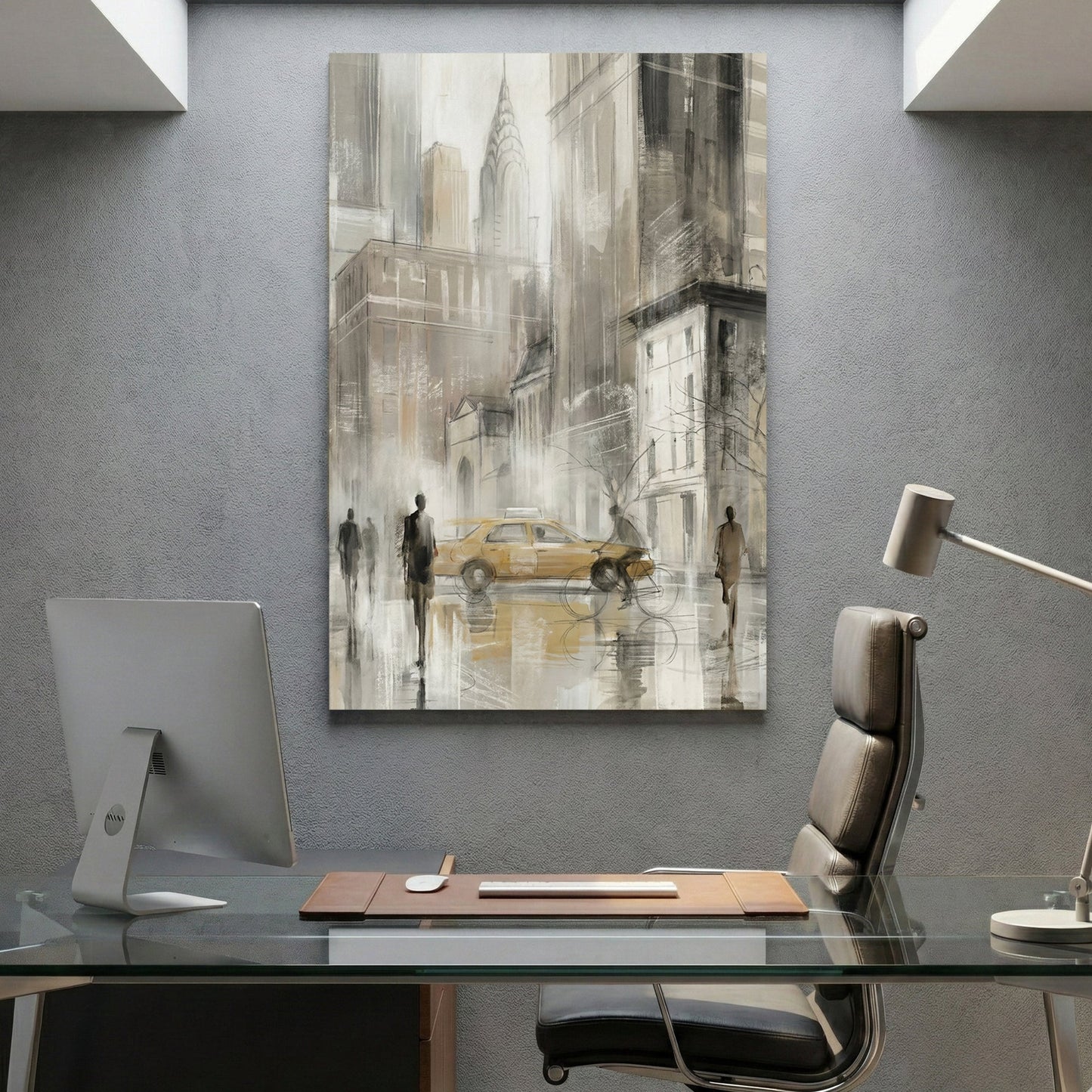 New York City yellow taxi with Chrysler Building in watercolour sketch style