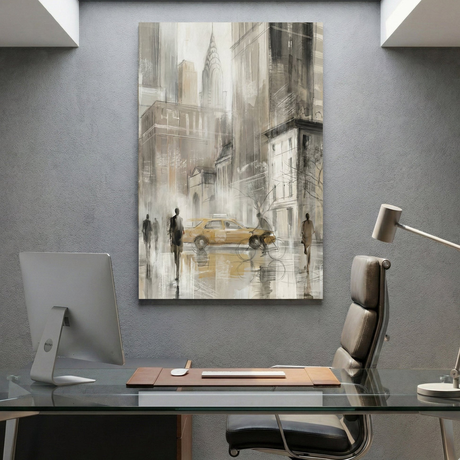 New York City yellow taxi with Chrysler Building in watercolour sketch style