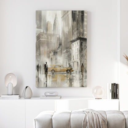 New York City yellow taxi with Chrysler Building in watercolour sketch style