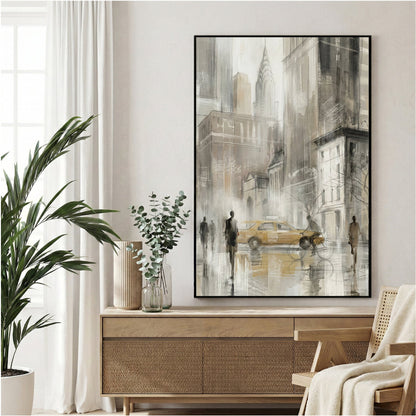 New York City yellow taxi with Chrysler Building in watercolour sketch style