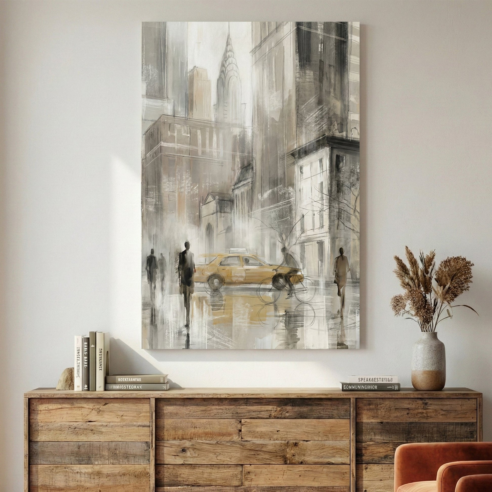 New York City yellow taxi with Chrysler Building in watercolour sketch style