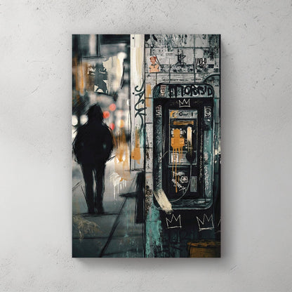 Vintage phone booth with figure in urban street art style