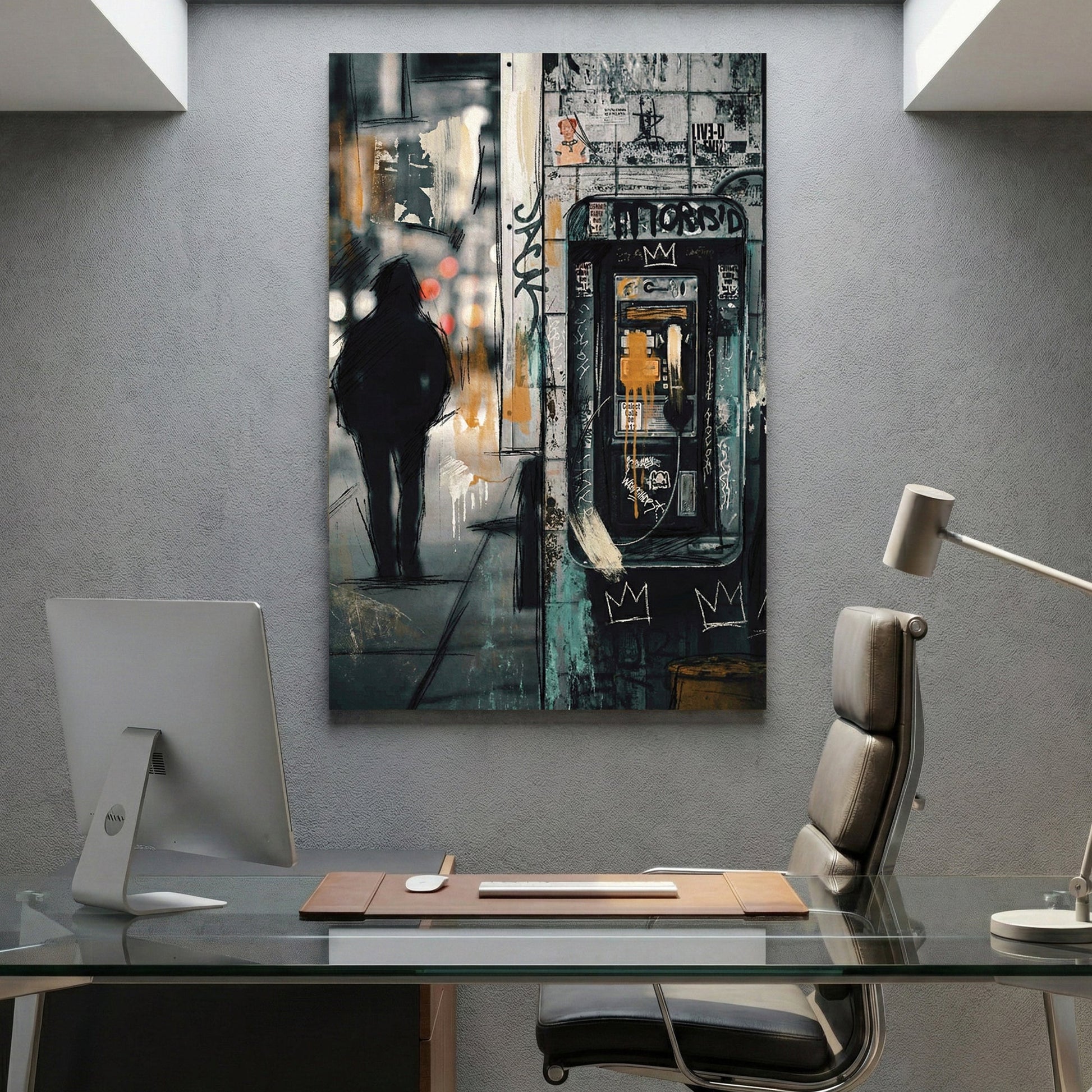 Vintage phone booth with figure in urban street art style
