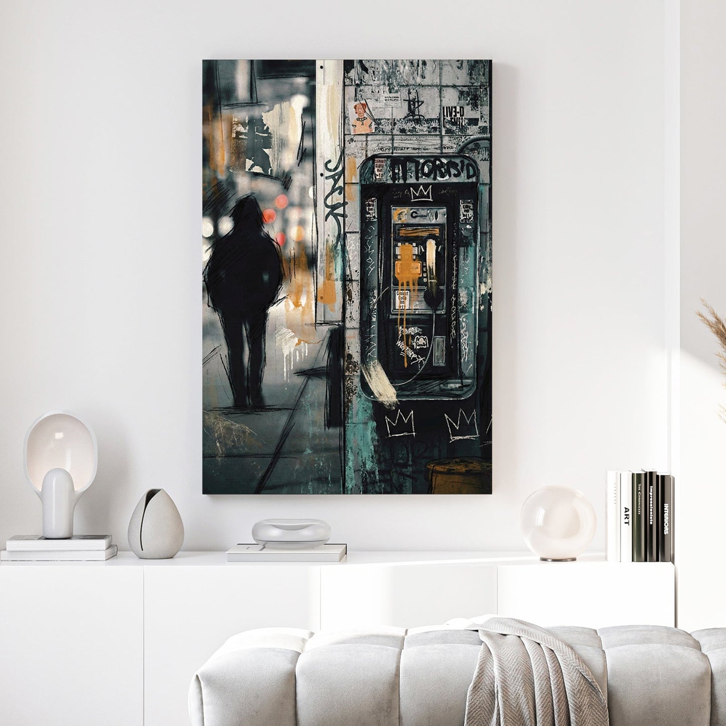 Vintage phone booth with figure in urban street art style