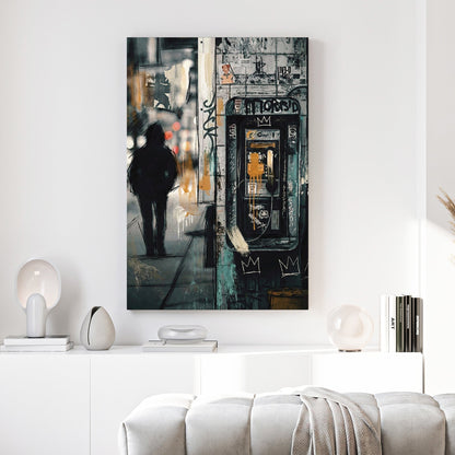 Vintage phone booth with figure in urban street art style