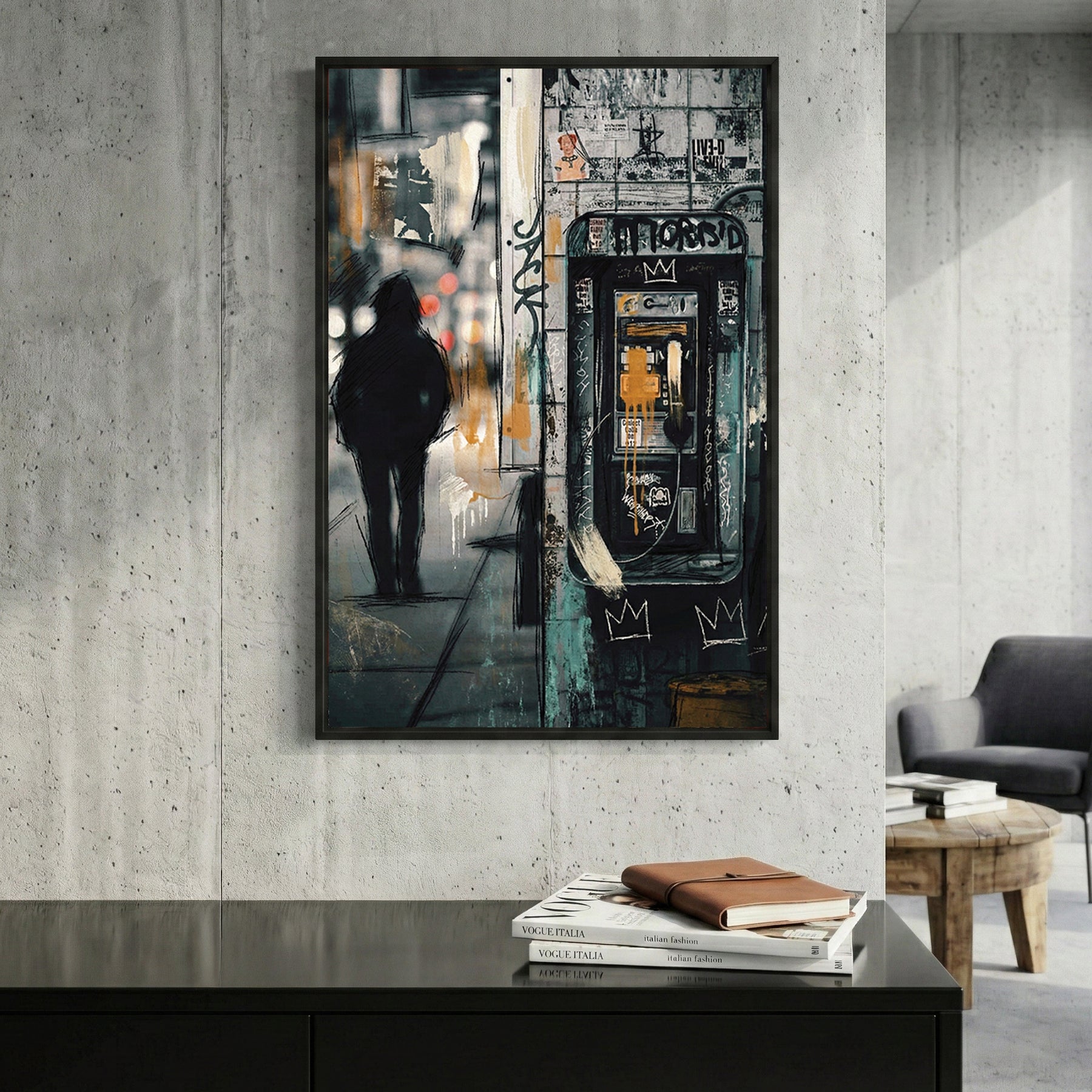 Vintage phone booth with figure in urban street art style