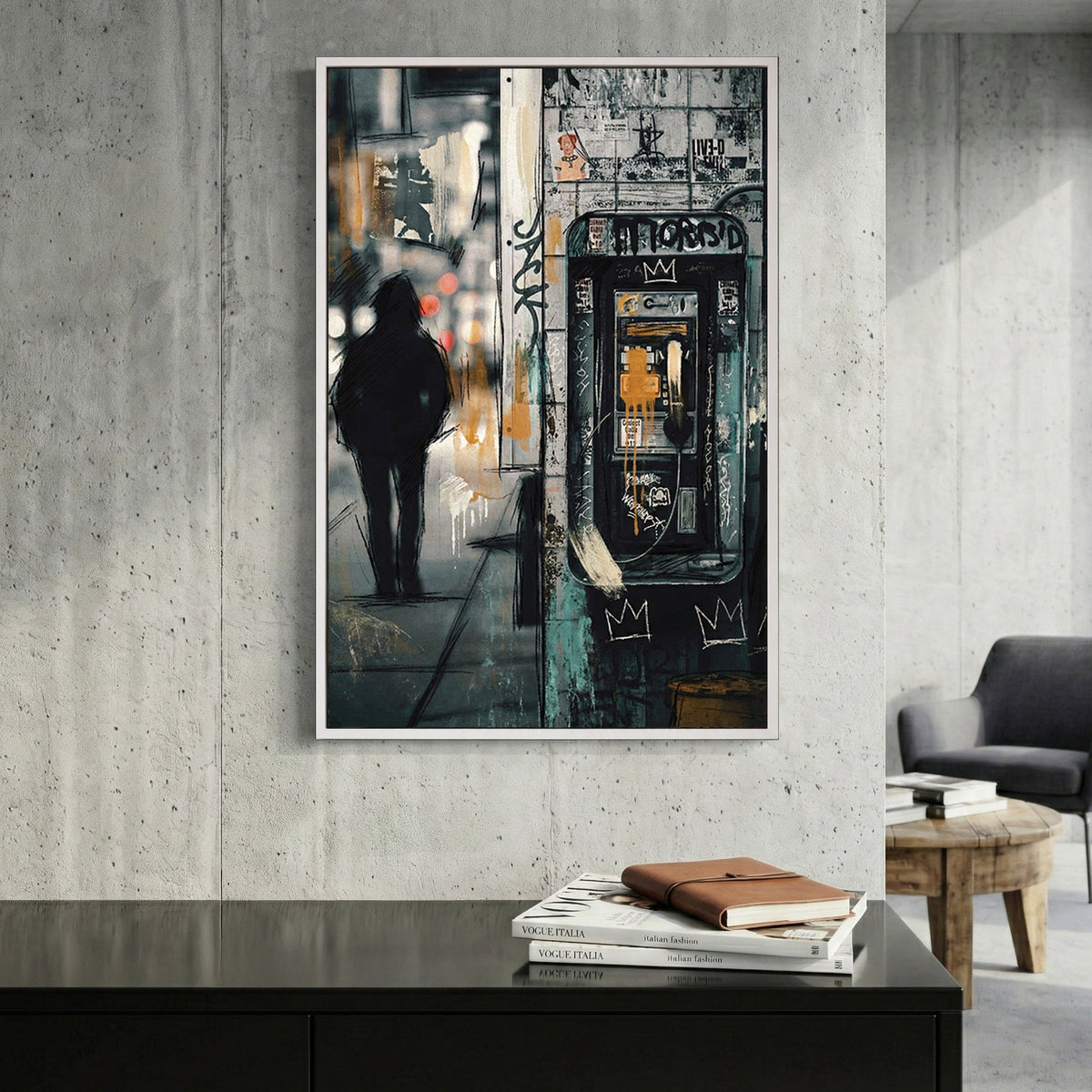 Vintage phone booth with figure in urban street art style