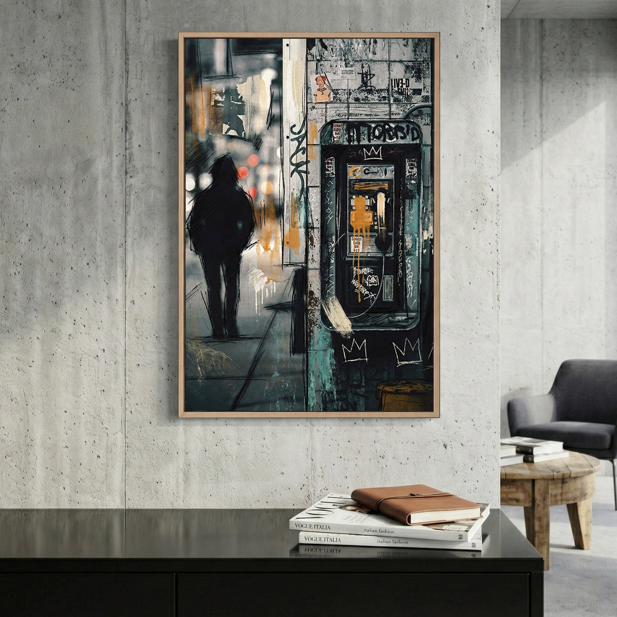 Vintage phone booth with figure in urban street art style