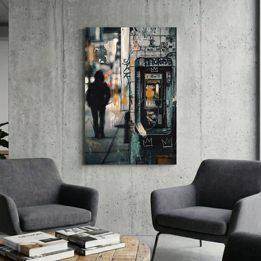 Vintage phone booth with figure in urban street art style