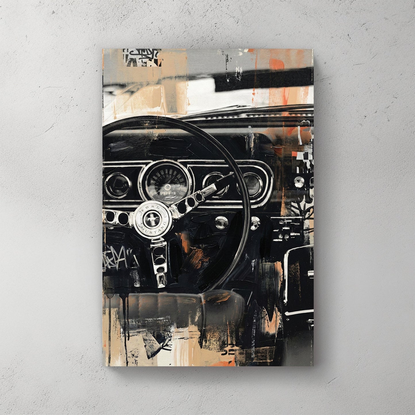 Classic Ford Mustang interior with steering wheel detail